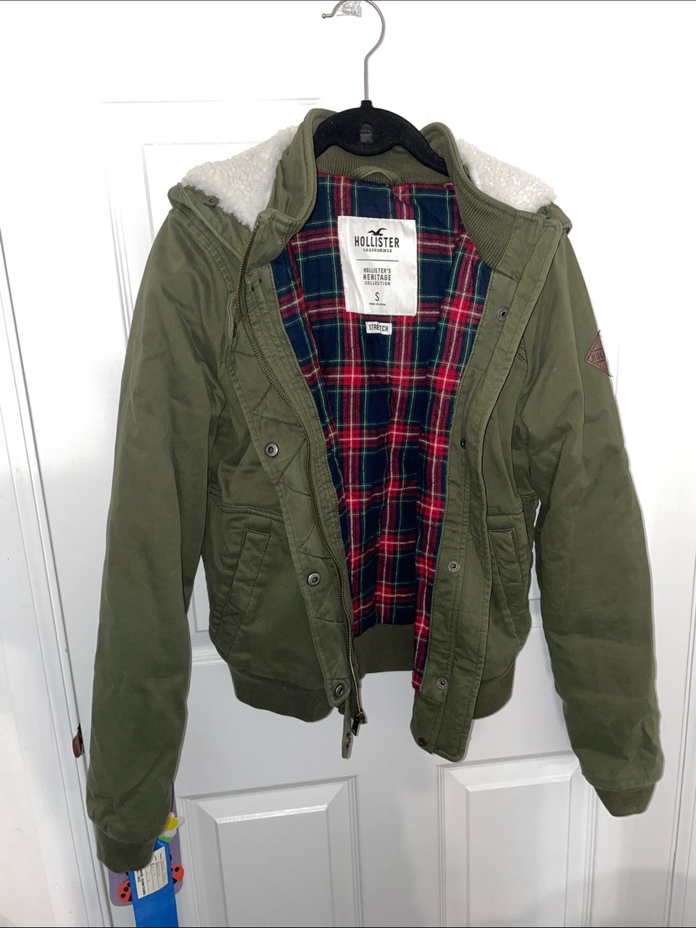 Hollister Olive Green Bomber Jacket with Red & Navy Plaid Lining